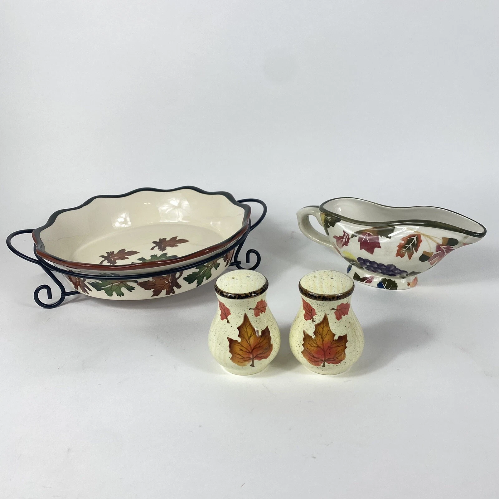 Fall Leaves Pie Dish w/Stand, Gravy Boat, Salt & Pepper Shakers.