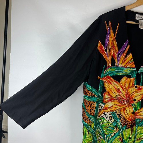 VTG Diane Gilman Womens Silk Top Size 1X Black Floral Sequins Button V-Neck - Picture 5 of 9