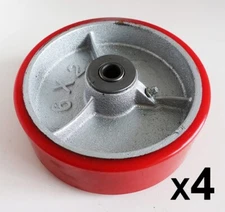 (4) 6x2 POLYURETHANE WHEELS ON STEEL CORE, ROLLER BEARING, 1/2" ID, 1200 LB