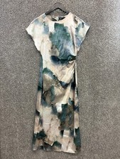 Zara Midi Dress Beige/Teal Watercolor Faux Wrap Dress Dolman Women's Size XS