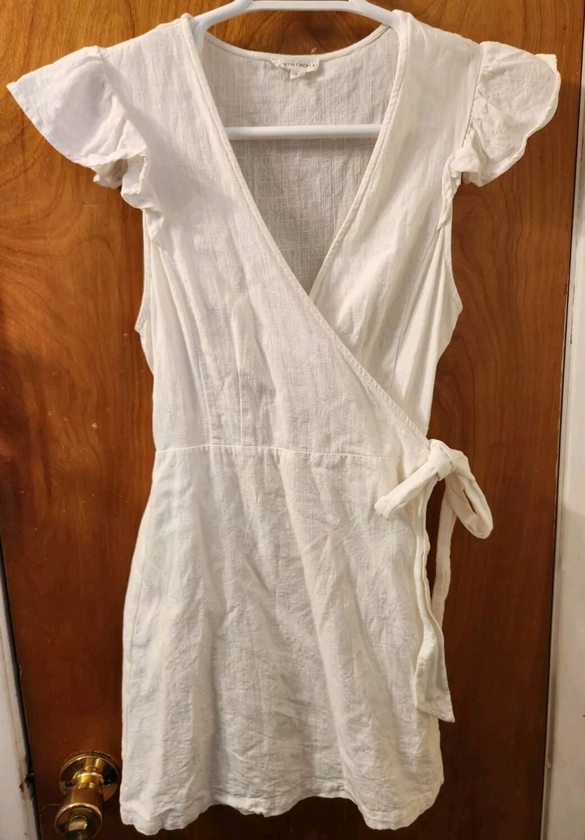 Cotton Candy LA White Mini Wrap Dress Flutter Sleeves Linen Blend Boho Sz  Large | eBay