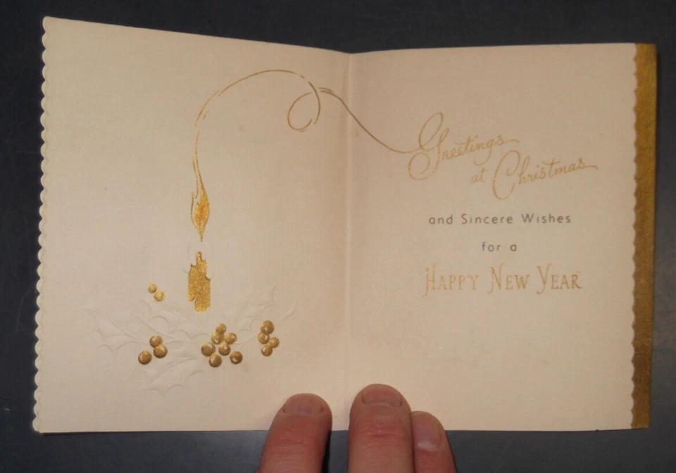 ВИНТАЖНАЯ РОЖДЕСТВЕНСКАЯ ОТКРЫТКА ФОЛЬГА СВЕЧА РАПСОДИЯ В БЕЛОМ 381 СДЕЛАНО В США - Изображение 2 из 3