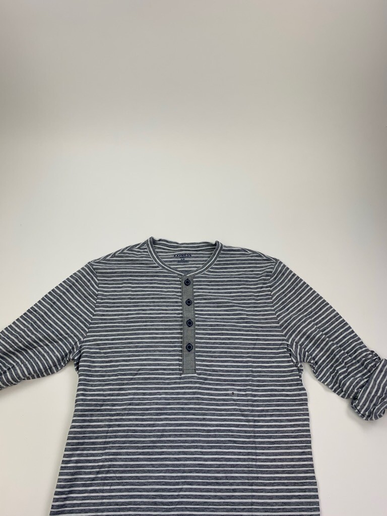 Express Mens Henley Shirt Gray White Striped Roll Tab Sleeve 100% Cotton S  New | eBay