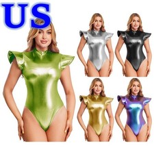 Women's Metallic Shiny Back Zipper Bodysuit Fly Sleeve Leotard Jumpsuit Clubwear