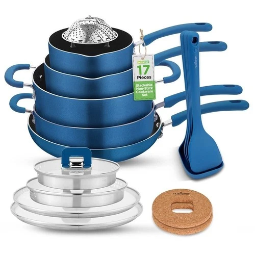 NutriChef 17 Pcs. Modern Kitchen Cookware Design- Non-Stick Cookware Set (Blue)