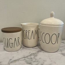 Rae Dunn Cream And Sugar Scoop Set Collection By Magenta Ceramic, Wood Lid