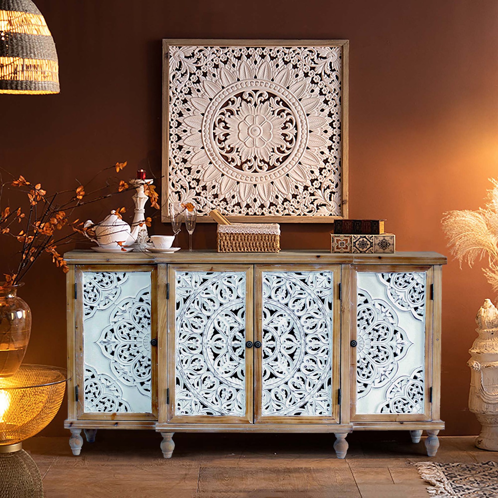 4-Door Hollow-Carved Accent Cabinet, Distressed Wood Storage