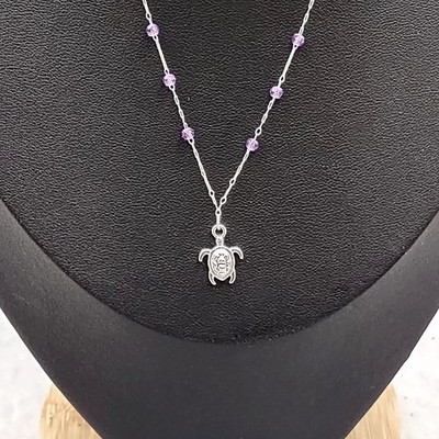 Sea Turtle Charm Necklace Delicate Purple Beads Silver Color (approx. 14+ in.)