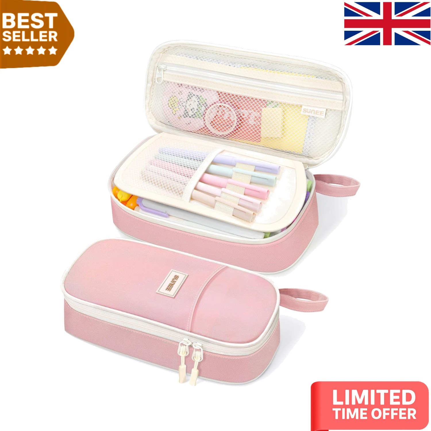 Large Capacity Pink Pencil Case - Stylish Zippered Organizer for School & Office