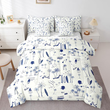 7 Pieces Coastal Beach Comforter Queen,Surfboard Sailboat Palm Tree Bedding Set