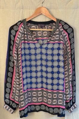 Hale Bob SzS 100% Silk Sheer Pink Purple Blue Tile Pattern Beaded Splitneck Top