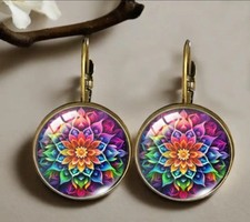 Colourful Mandala Drop Earrings Round Glass Cabochon Boho Jewellery Gift