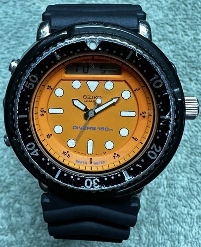Vintage 1980’s Seiko H558-500A Quartz Diver Orange Dial Ana-Digi Watch AMAZING!