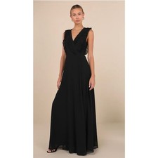 Lulus Major Elegance Black Sleeveless Ruffled Wrap Maxi Dress M