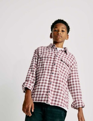 Marks & Spencer Boys Red Mix Cotton Long sleeved Shirt - M&S