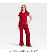 Auden Women's Pointelle Short Sleeve Shirt & Pants Pajama Set Red Heart Small