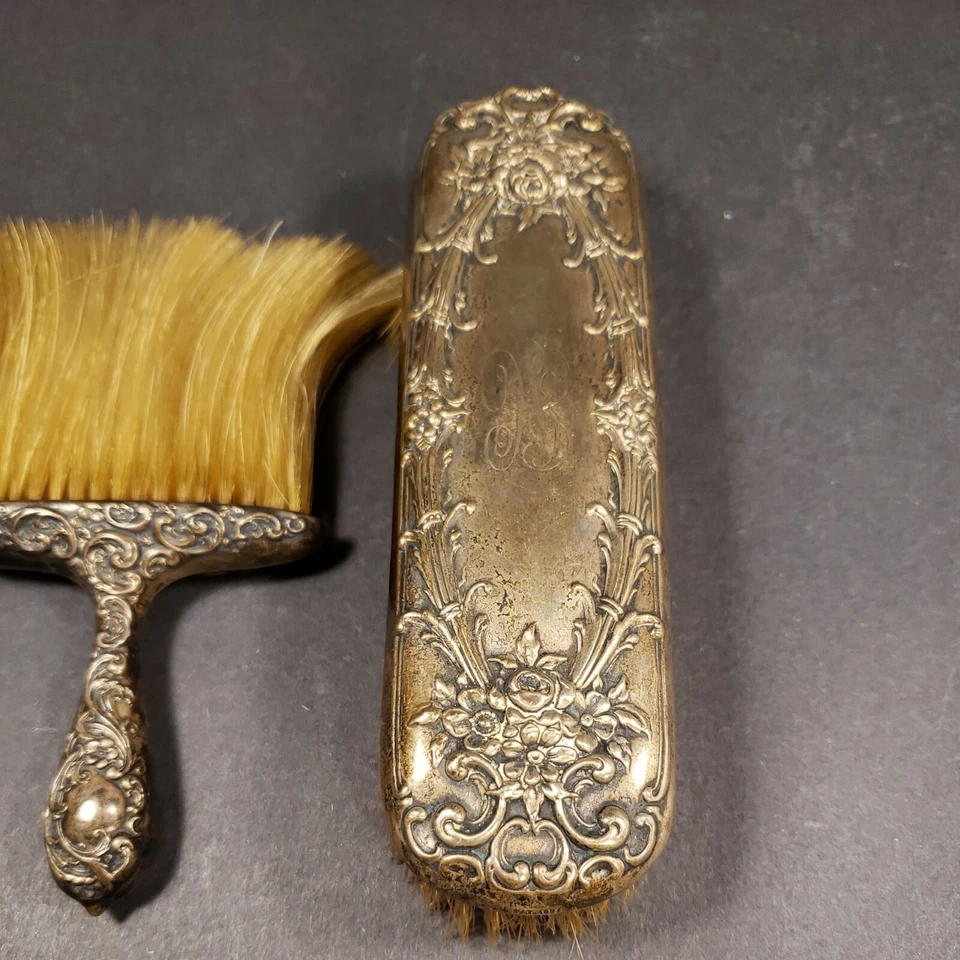 ANTIGUO JUEGO DE PINCELES DE DOS PIEZAS DE PLATA ESTERLINA WALLACE RW & S FIRMADO, MARCADO 925 Foto 3 de 4