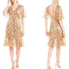 NEW Dress the Population Roseanna Metallic Floral Dress in Gold/Nude- S D5388