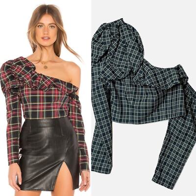 Petersyn NWT Holly Top Dorset green plaid puffed sleeve one shoulder festive