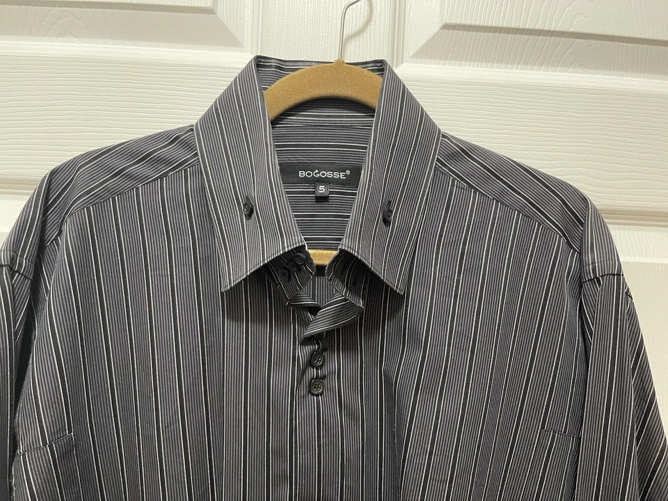 Bogosse Button Up Dress Shirt Men's XL Size 5 Stripes Black Gray 100% Cotton - Image 2 of 4