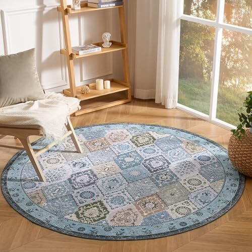 Vintage Collection Round Area Rug 6ft, Washable Non 6' x 6' Blue Teal/Multi - Picture 4 of 7