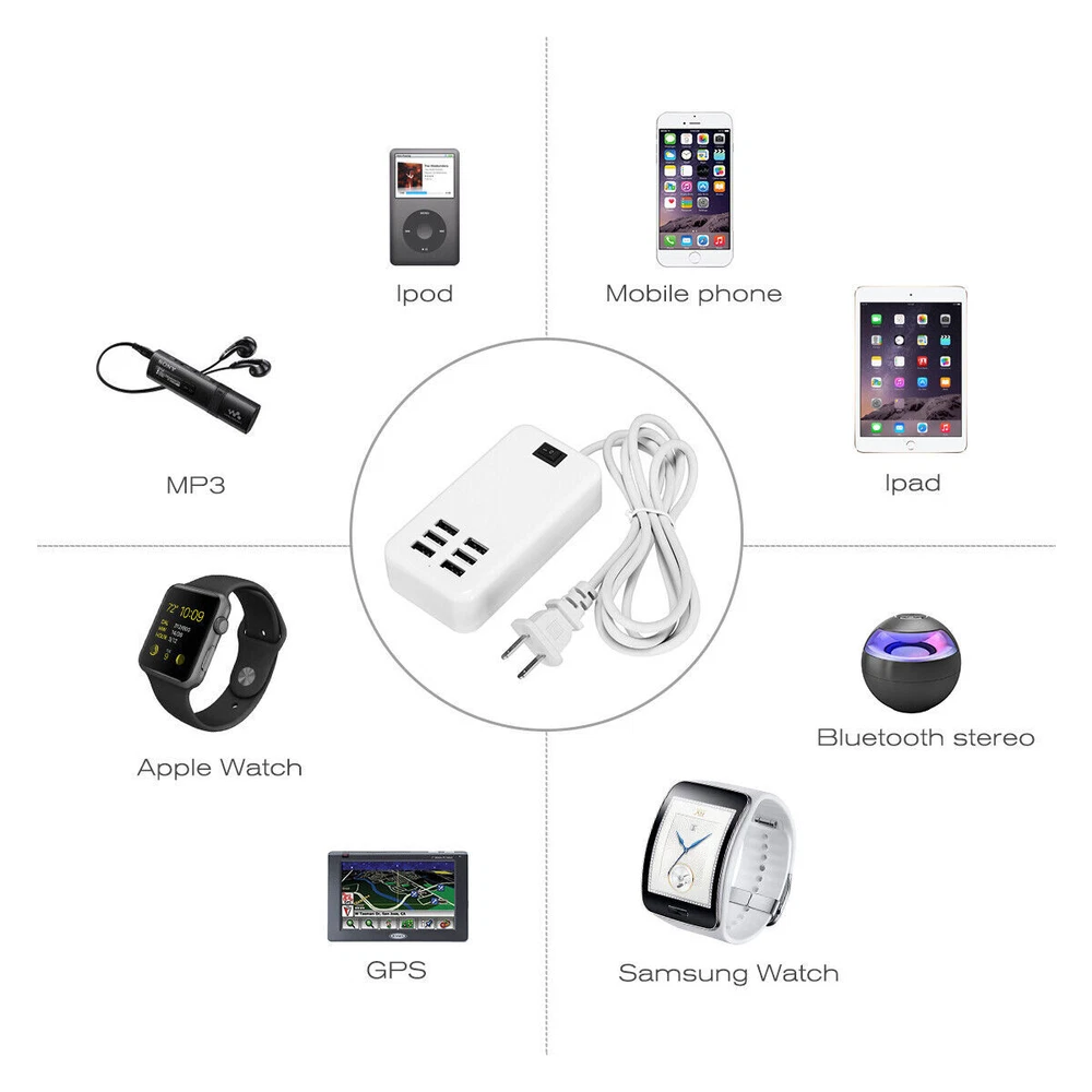 6-Port USB Fast Charging Station - Wall & Desktop Power Hub