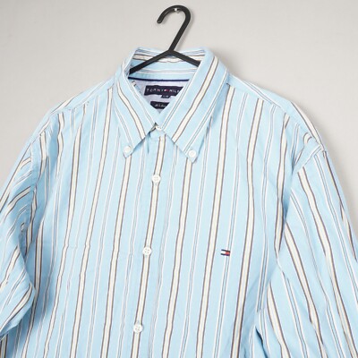 Tommy Hilfiger Hemd Herren blau gestreift langarm 80er zweilagig Knopfleiste B65