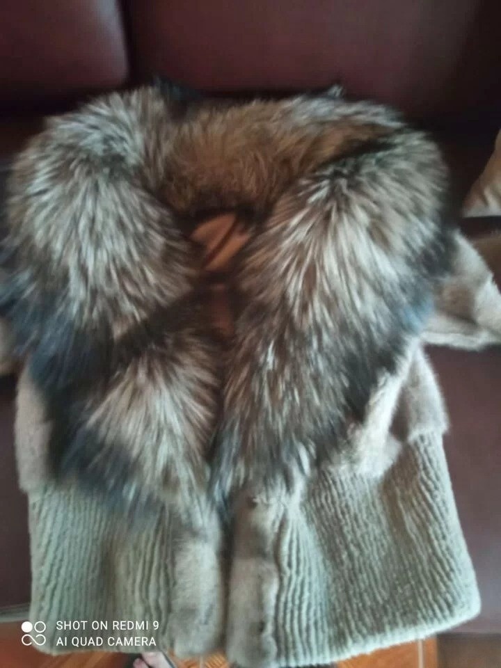 Mink fur jacket Gray Silver fox trim Collar Striped color Midi Size S