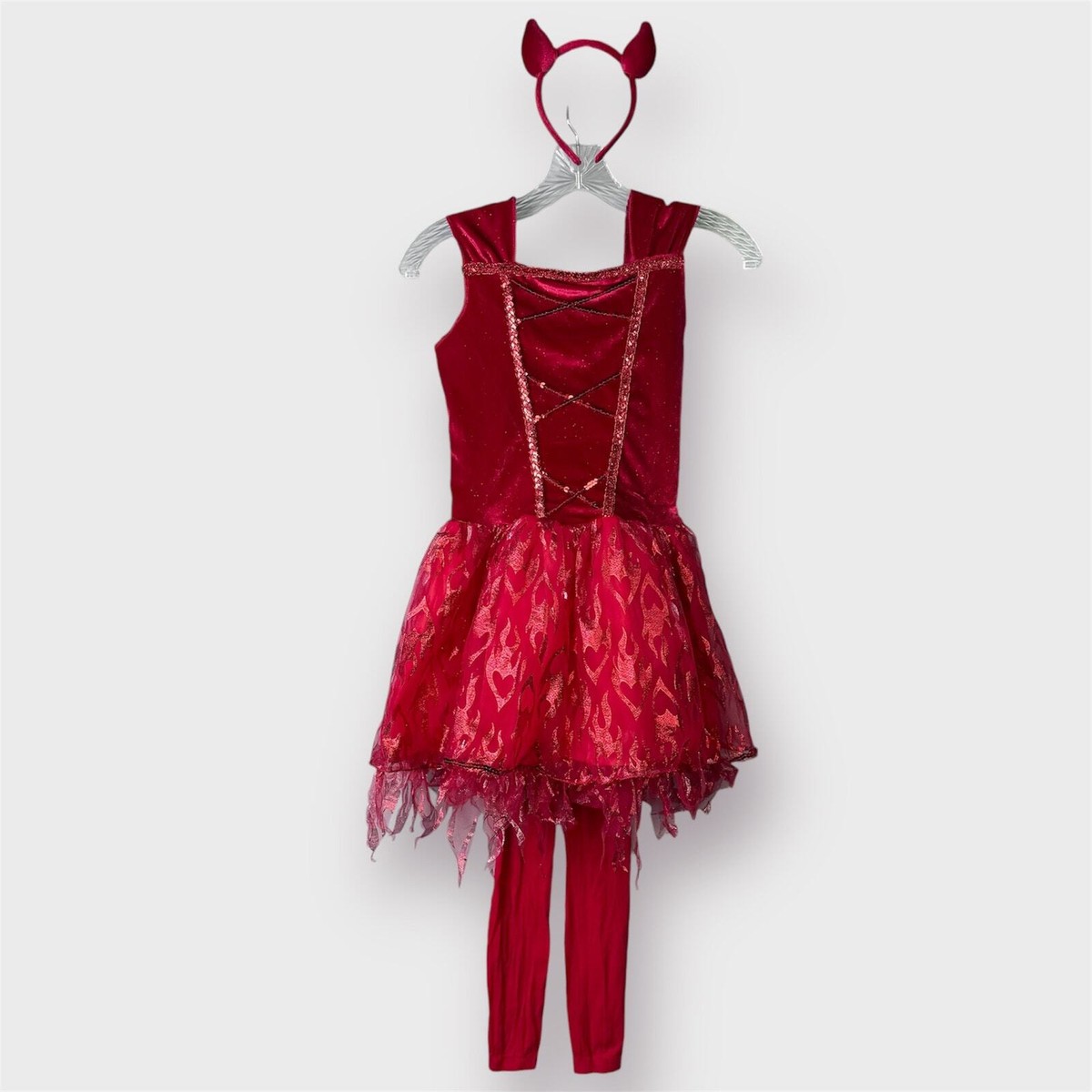 Spirit Halloween Kids Fiery Devil Costume Red Dress Horns Girl's Size L  Cosplay | eBay