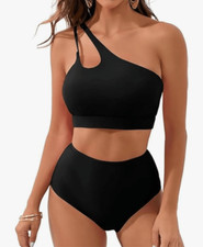 black one shoulder with slit bikini high waisted size