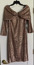 Vince Camuto Sequin 3/4 Draped Off-the-Shoulder Sweetheart Neck Sheath Dress
