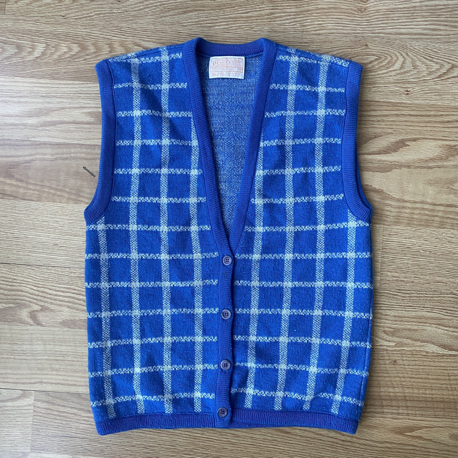 VINTAGE Pendleton Blue White Grid 100% Wool Vest