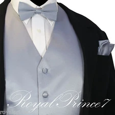 Silver Gray Tuxedo Suit Vest Waistcoat and STRAIGHT CUT Bowtie Hanky Set Wedding