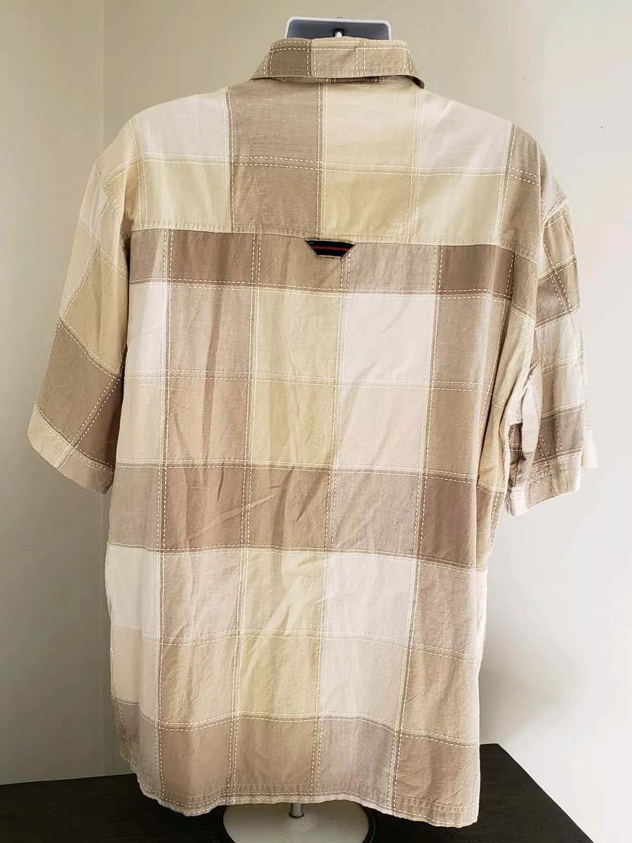 FUBU Mens Button Up Shirt Xlarge XL Extra Large Plaids Beige Brown
