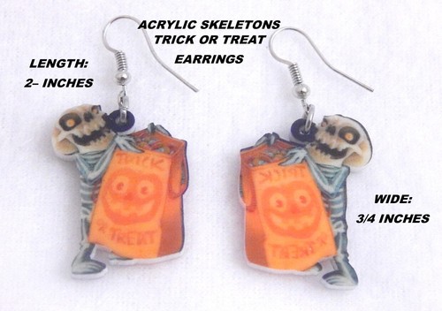 HALLOWEEN ACRYLIC SKELETON TRICK OR TREAT & ORANGE PUMPKINS DROP EARRINGS - Picture 8 of 9