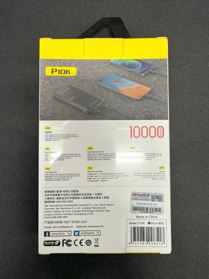 Banco de alimentación 3 en 1 Awei P10K 10000 mAh con 2 salidas USB y 1 tipo C carga rápida 22,5 W Foto 2 de 2