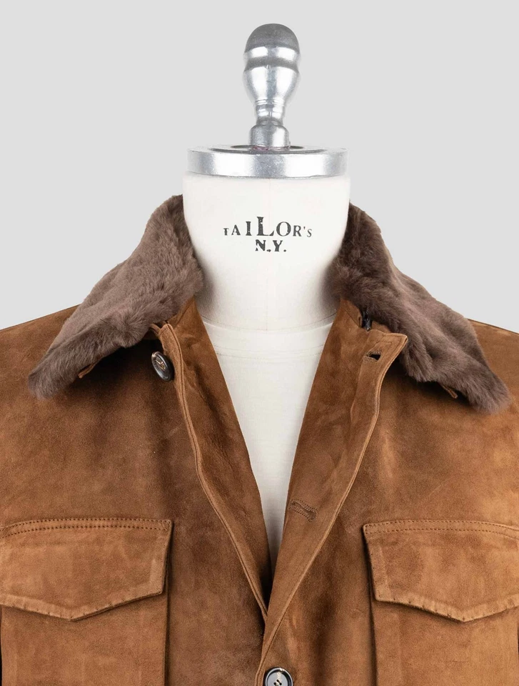 NEW CESARE ATTOLINI BROWN LEATHER SUEDE FUR COLLAR COAT US 46 - EU 56 ACZ7 - Image 4 of 4