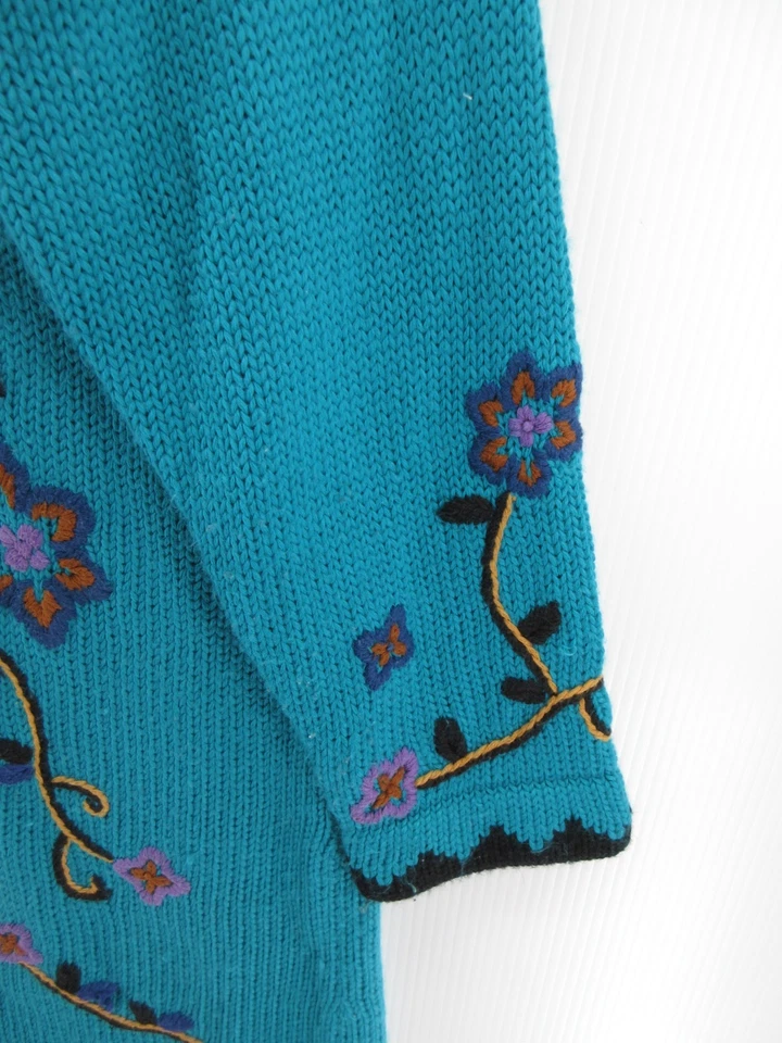 Victor Costa Sweater Women 1X Plus Blue Wool Cardigan Floral Embroidered VTG * - Image 3 of 4