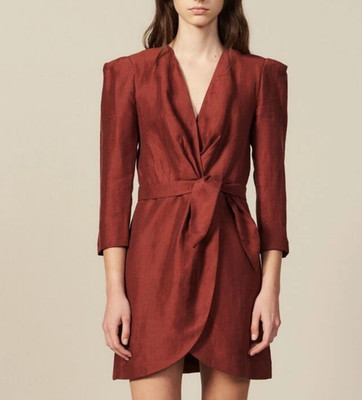 Sandro Paris Women's Brown Linen Blend  Short Dress Size 38 FR 10 UK SFPRO00479