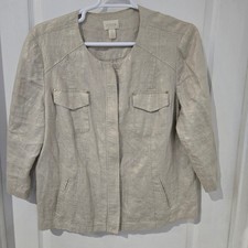 Chico's 100 Linen Jacket Women 3 XL Beige Gold Metallic Zip Up 3/4 Sleeve