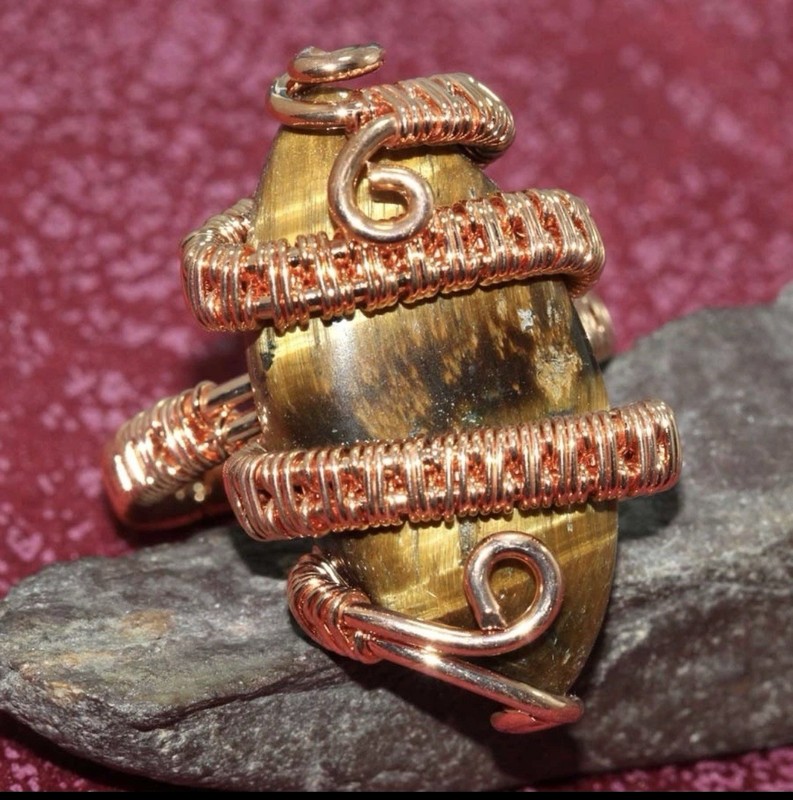 VTG NAVAJO Copper Wrapped SERPENT LARGE STONE Tiger Eye Ring Handmade Size 9