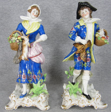 Antique Chelsea Porcelain Figurines Man Woman Game Bird & Rabbit Flower Basket