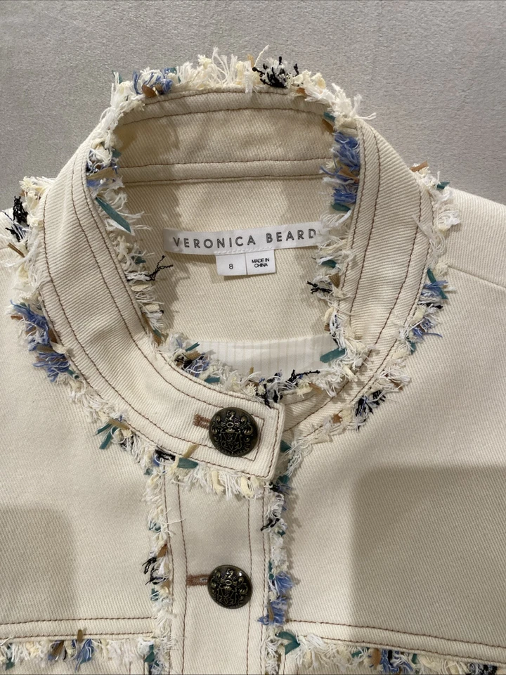 Veronica Beard Darren Cream Tweed Denim Button Down Preppy Crop size 8  - Image 2 of 4
