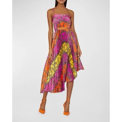 Milly Irene Pleated Asymmetrical Scroll-Print Midi Dress Pink Women s 2