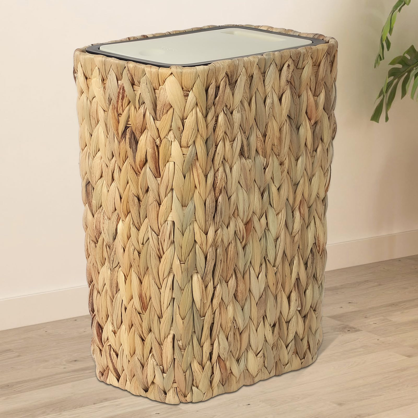 Boho Trash Can with Lid for Bathroom 2.6 Gallon Small Rattan Garbage Press Top