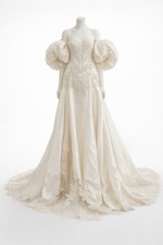 Vintage Champagne Wedding Dress Long Train 3ft Corset Handmade Puff Sleeves