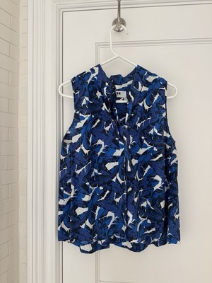 MSGM Women s Floral Blouse Top Blue/White/Black Sleeveless Collared Size M