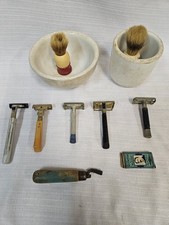 Vintg Razors and 2 shaving brushes-2 Shaving Bowls, Blades And Bonus Bottle Opnr
