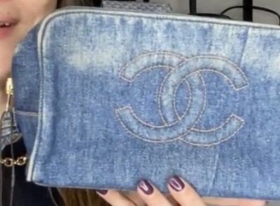 VTG Chanel Blue Denim Zip-Around Makeup Bag Cocomark Pouch