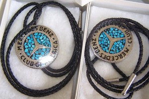Custom Made 1990s MERCEDES BENZ CLUB of AMERICA Bolo Tie Silver/Turquoise Inlay